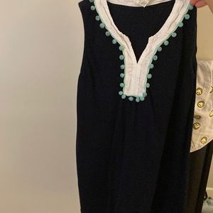 girls crewcut pom pom tank top. navy blue,teal and white